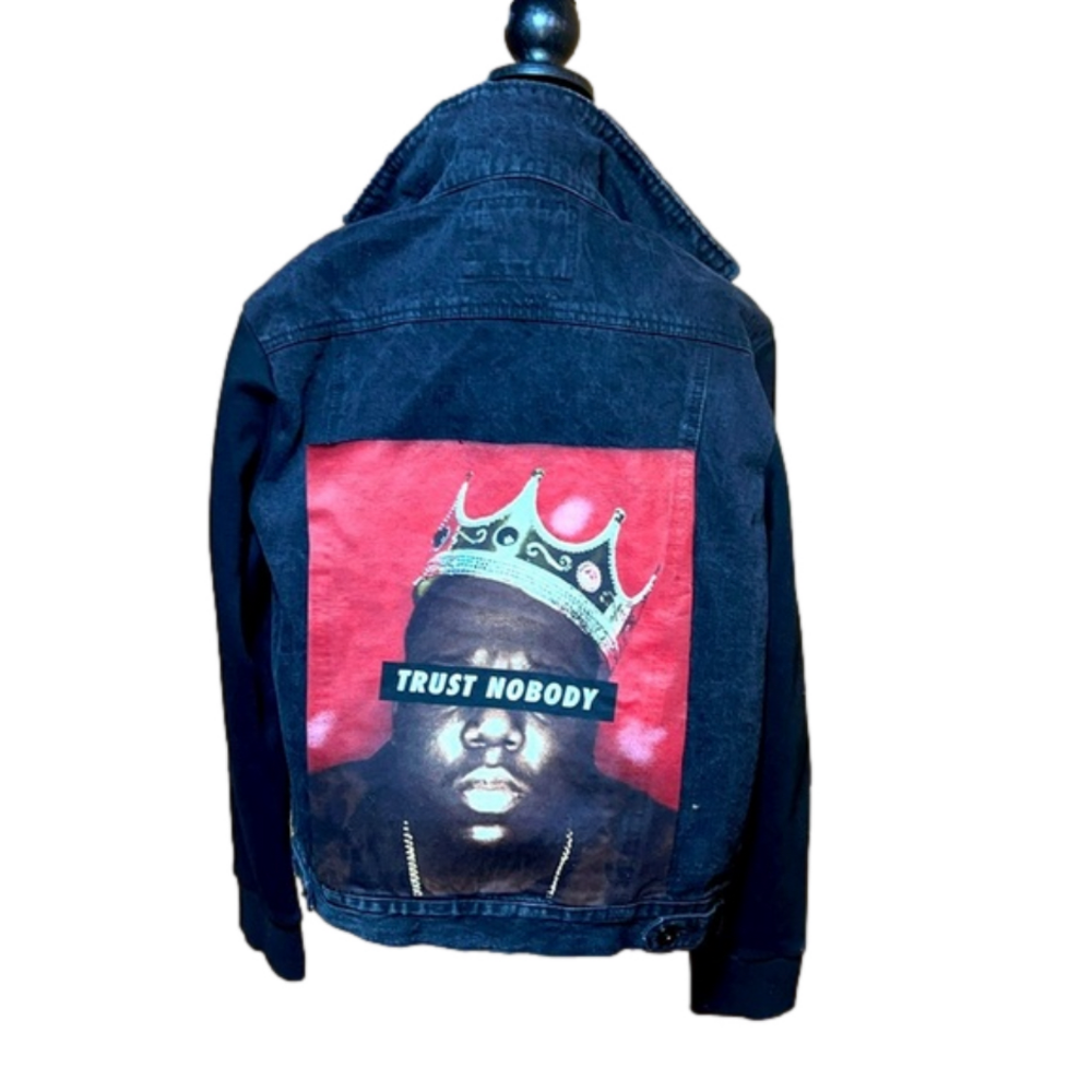 Upcycled jean jacket with biggie smalls (trust nobody)